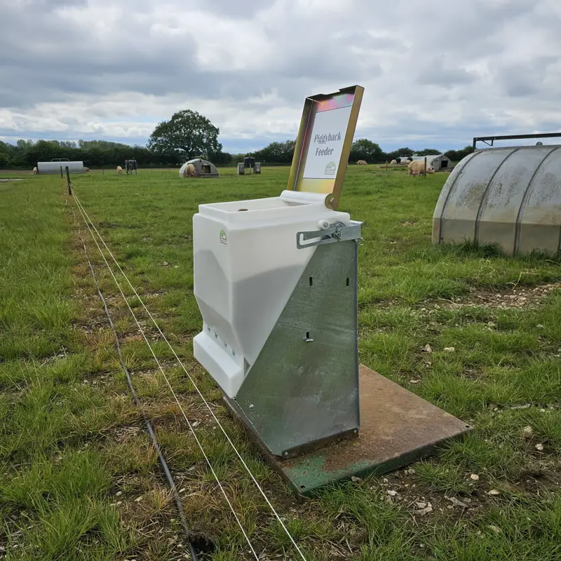 Piggyback feeder on a metal farrow feeder with lid open